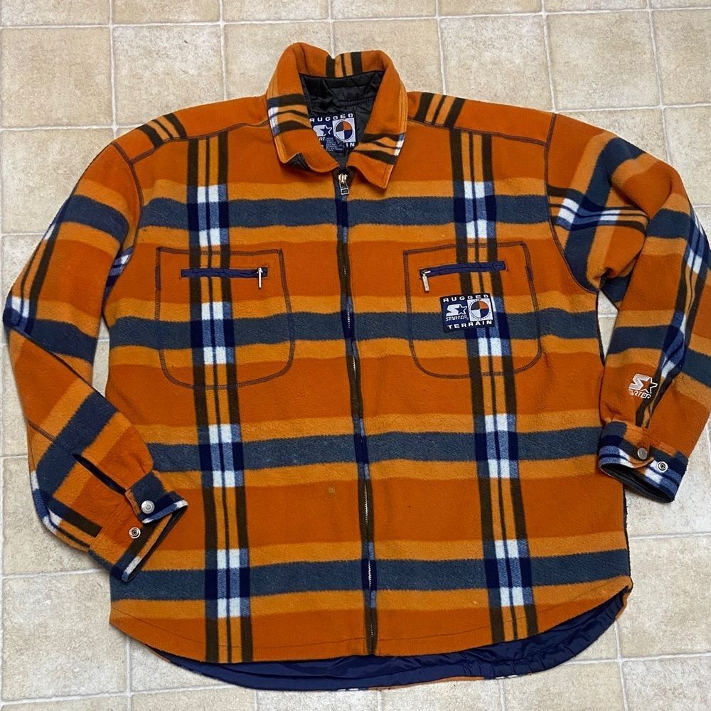 VTG,90s Starter Rugged Terrain Orange and Blue Plaid Men's Shirt Jacket Size L